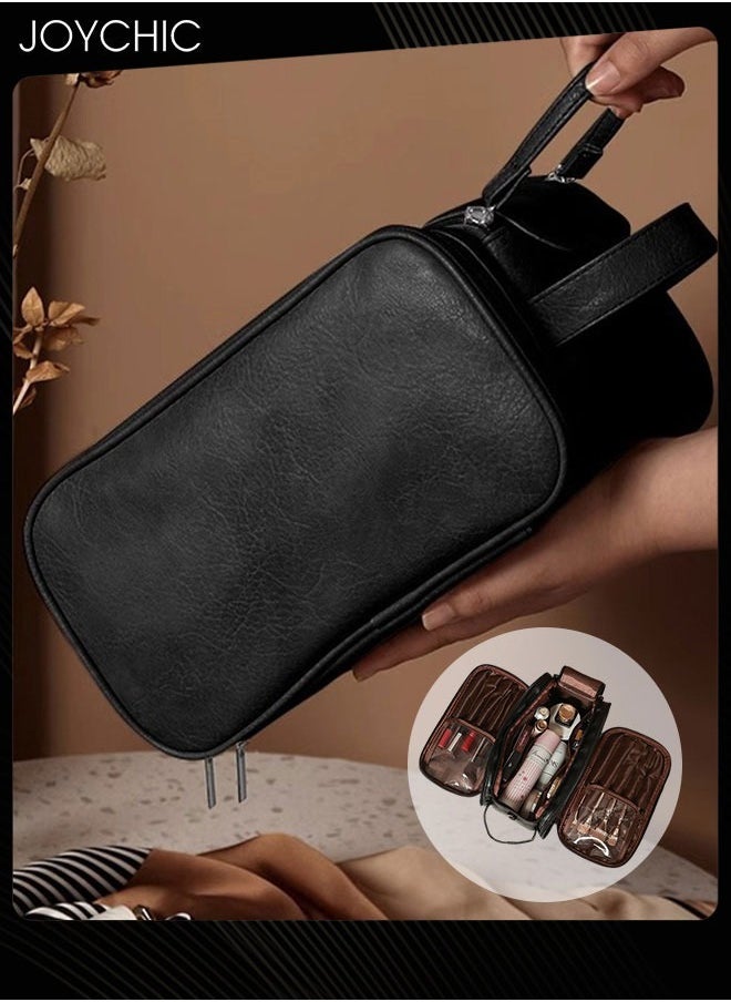 Double Zipper U-shaped Opening Design Multifunctional Waterproof Cosmetic Bag for Women Large Capacity Travel Portable Classified Toiletry Storage Bag Black