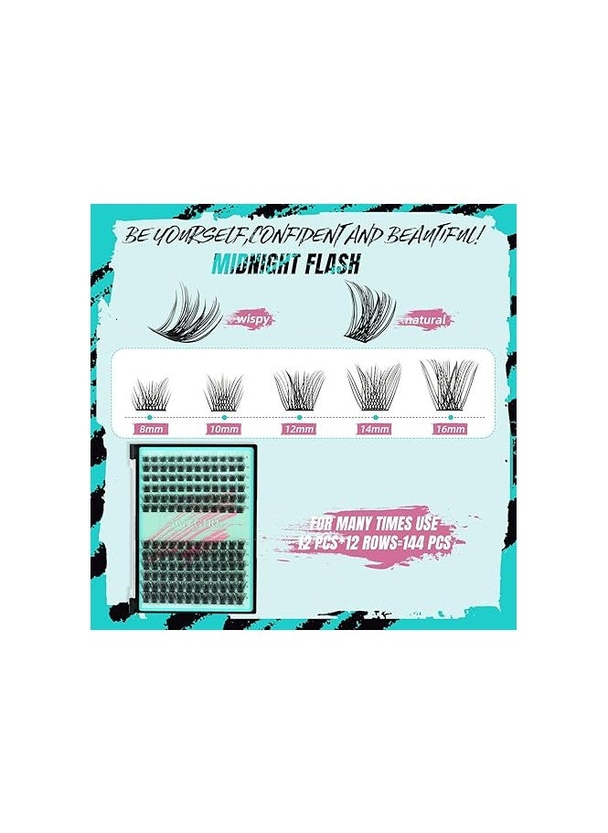 Midnight DIY Lash Extension Kit, 144 pcs Eyelash Clusters Kit Lash Bond and Seal, Lash Glue Remover and Applicator for Individual False Eyelashes Kit Lash Extensions(D-Mix 8-16mm Kit)