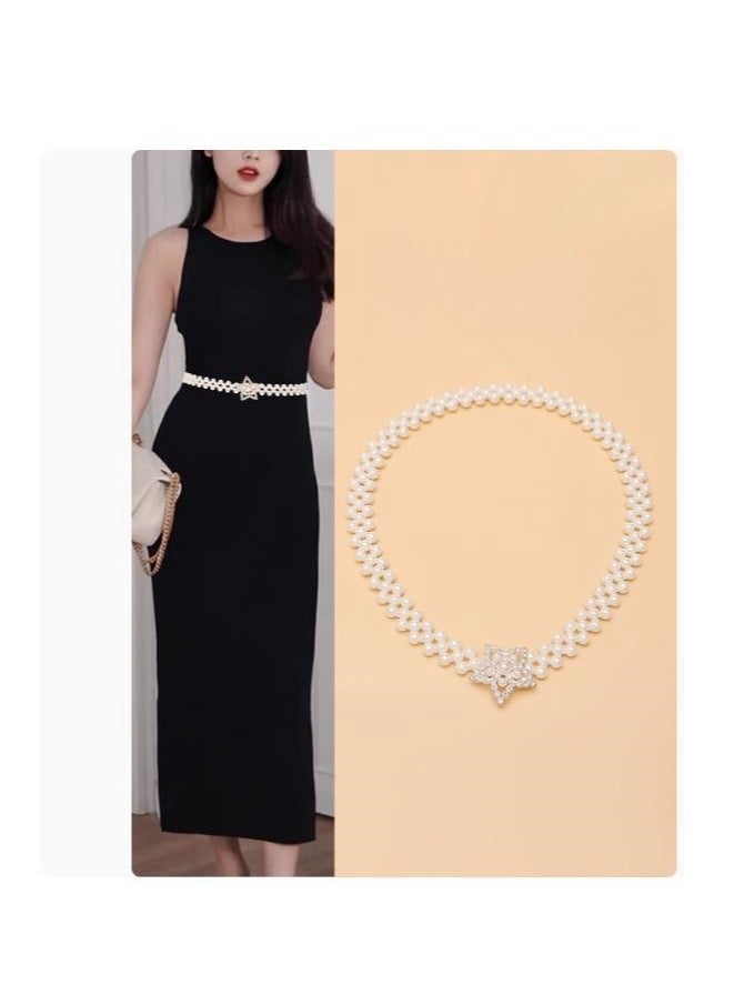 Pearl Woven Versatile Elastic Waistband Decorative Dress