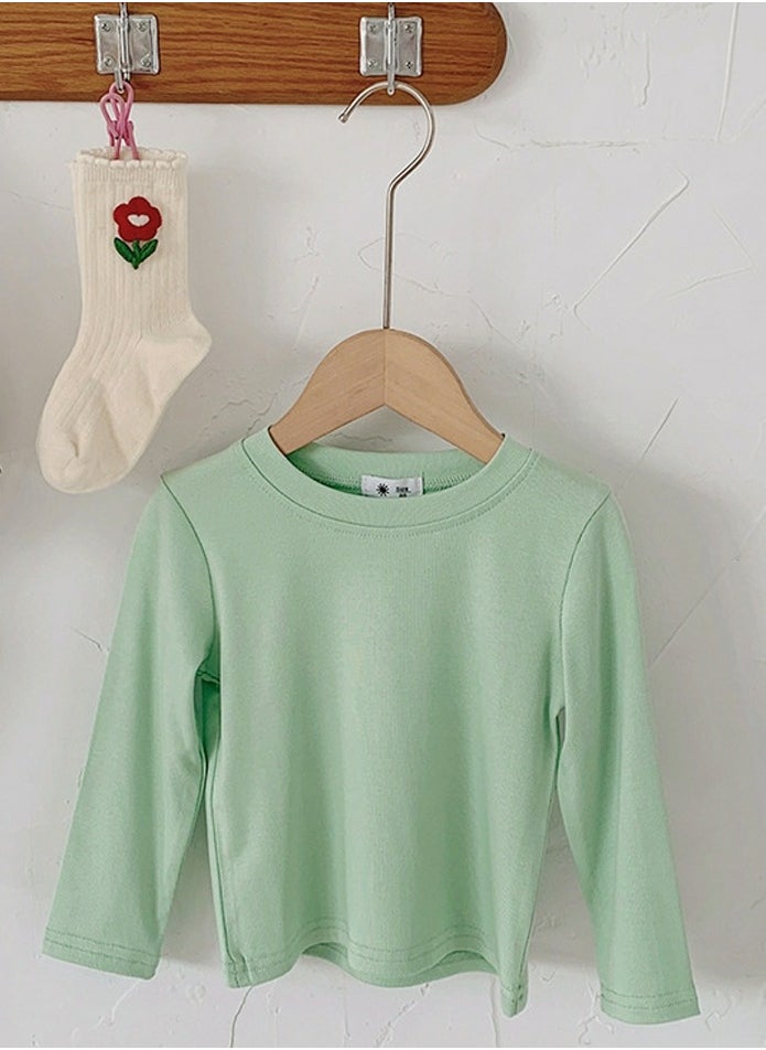 Kid's Solid Color Crew Neck Long Sleeve Tees Cotton Basic Base T-Shirt Light Green