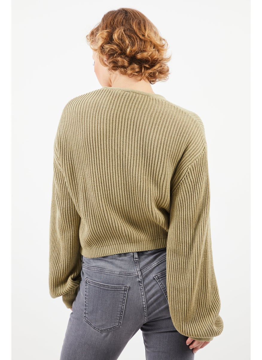 Women V Neck Long Sleeve Knitted Sweaters, Khaki