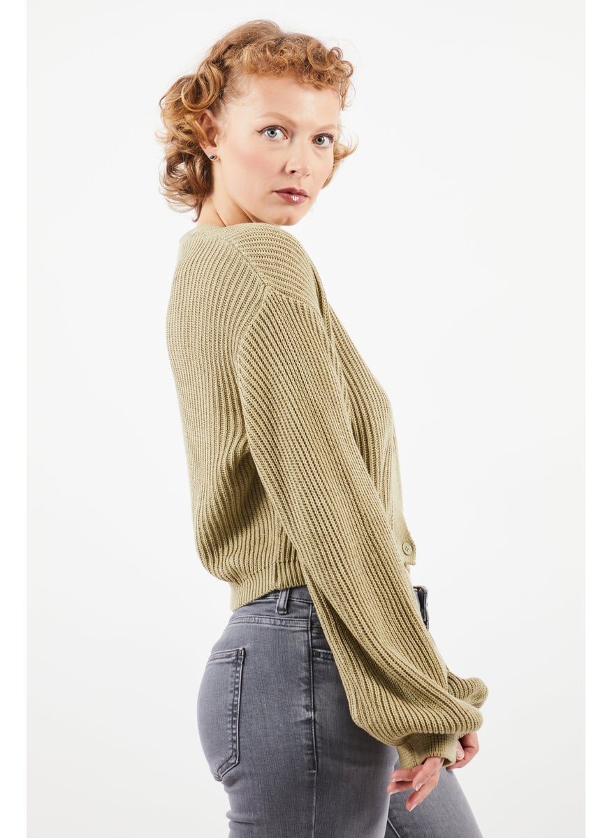 Women V Neck Long Sleeve Knitted Sweaters, Khaki