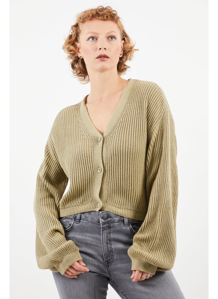 Women V Neck Long Sleeve Knitted Sweaters, Khaki