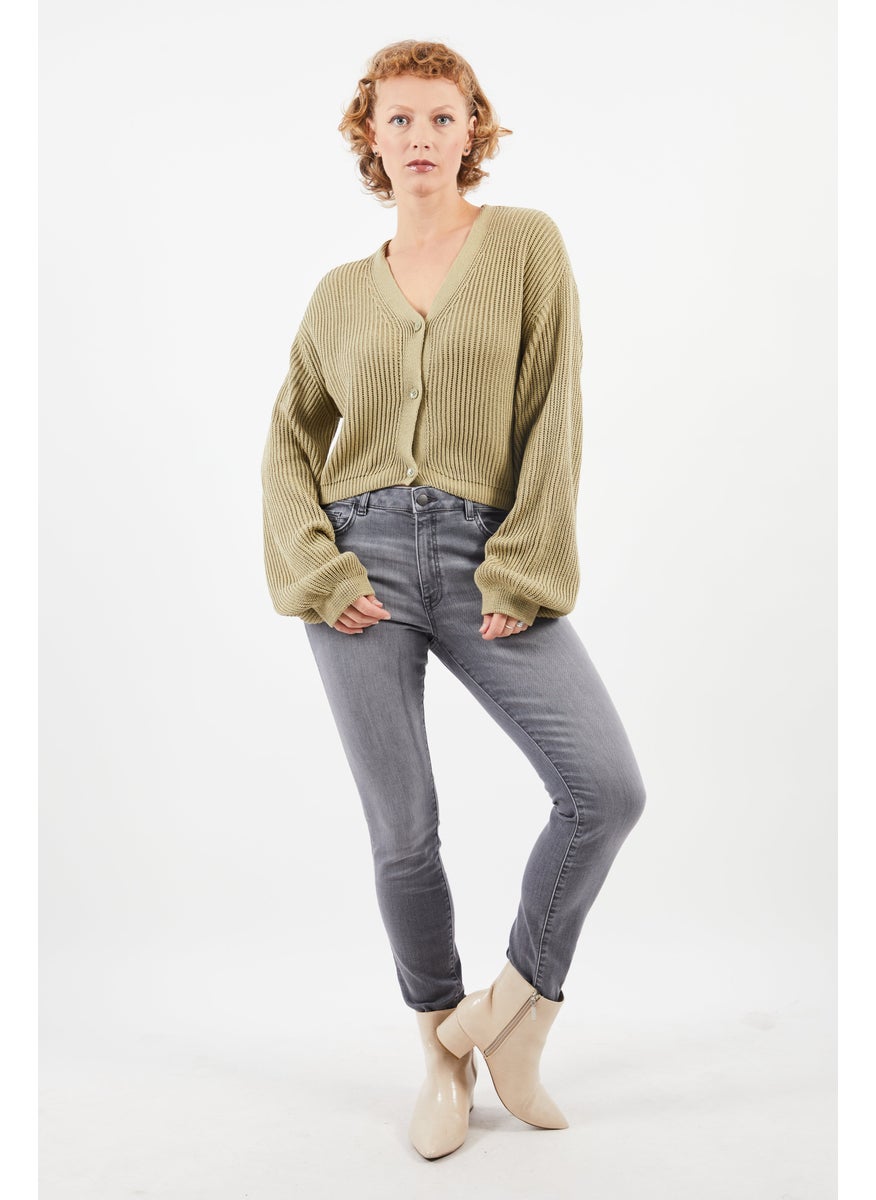 Women V Neck Long Sleeve Knitted Sweaters, Khaki