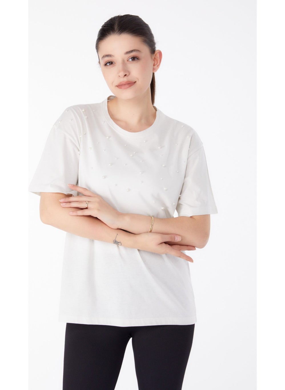 Plain Crew Neck Women's Ecru Pearl Detailed T-Shirt - 25473