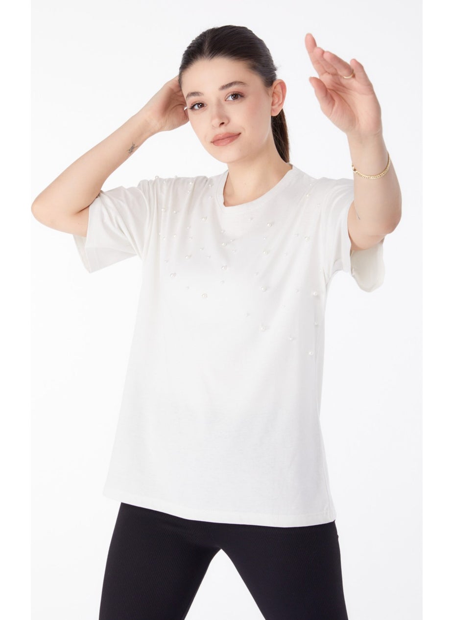 Plain Crew Neck Women's Ecru Pearl Detailed T-Shirt - 25473