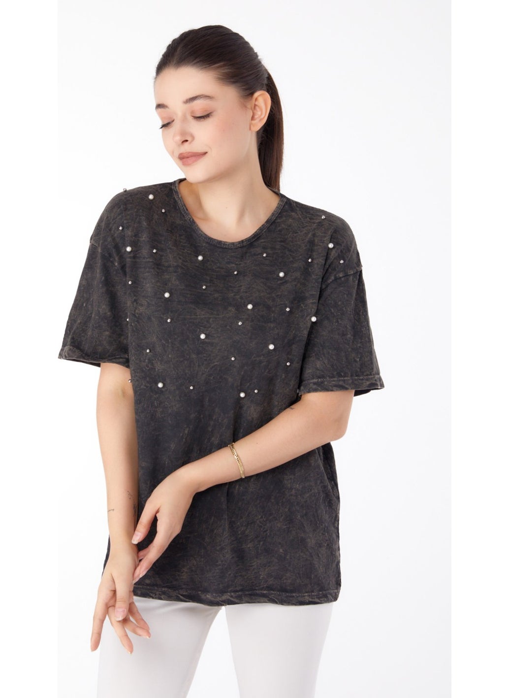 Plain Crew Neck Women's Anthracite Pearl Detailed T-Shirt - 25166