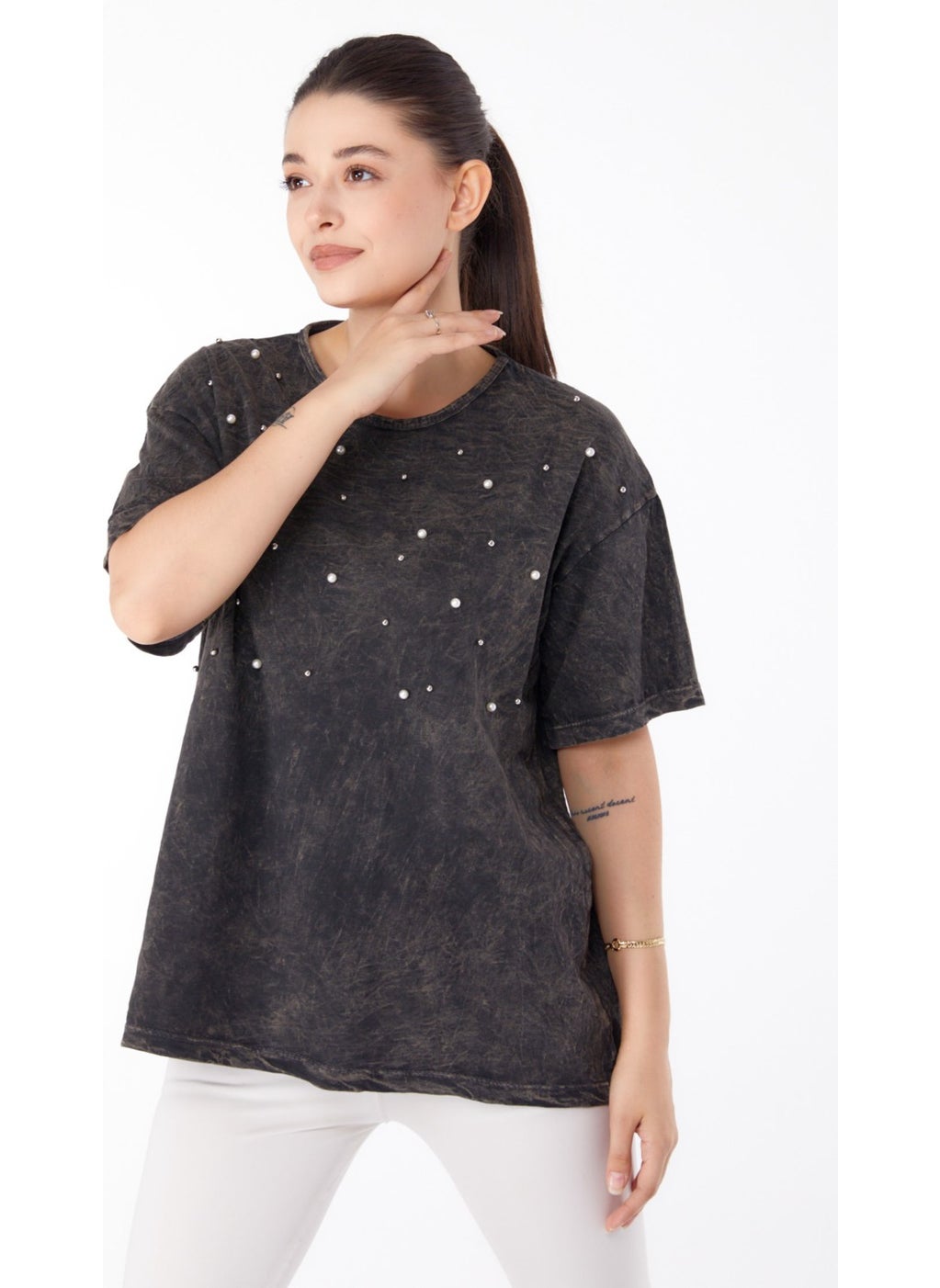 Plain Crew Neck Women's Anthracite Pearl Detailed T-Shirt - 25166