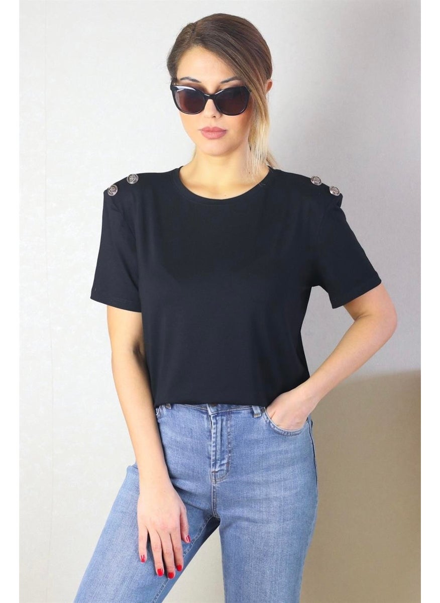 Women's Padded Shoulder Button Detailed Black T-Shirt