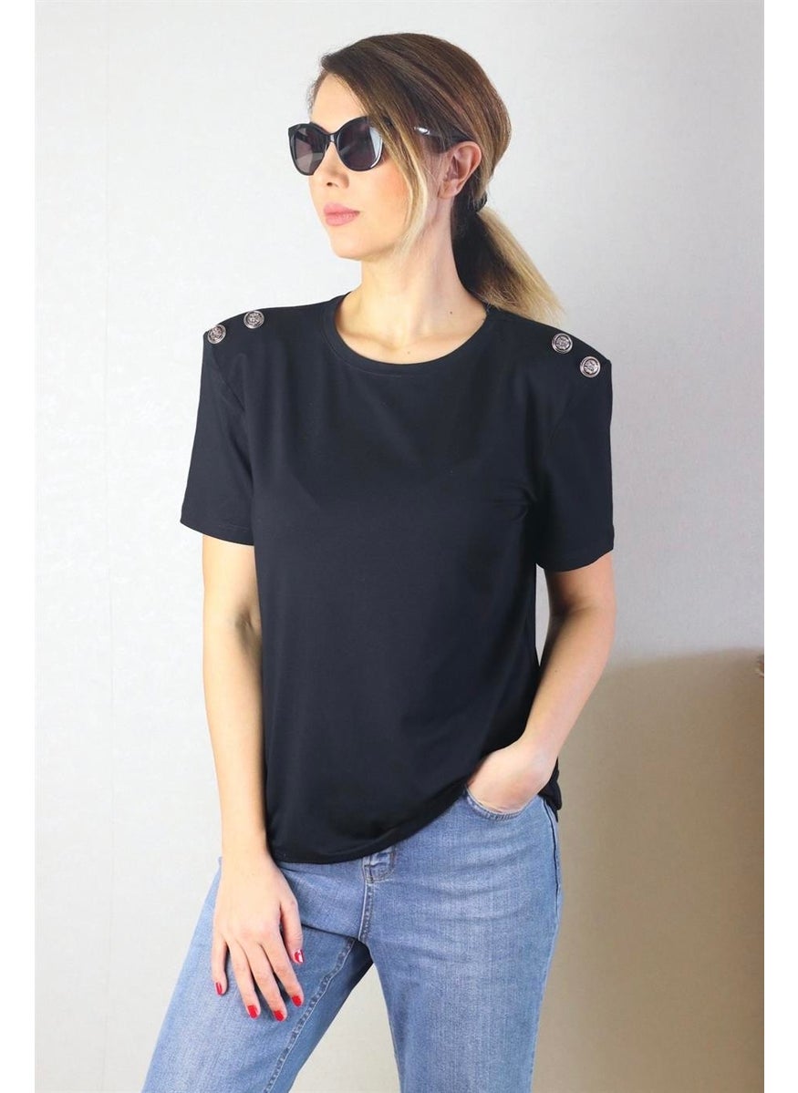 Women's Padded Shoulder Button Detailed Black T-Shirt