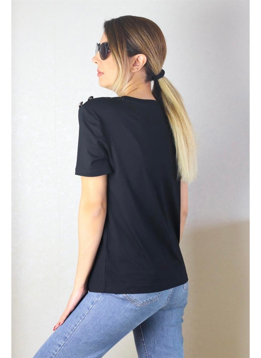 Women's Padded Shoulder Button Detailed Black T-Shirt