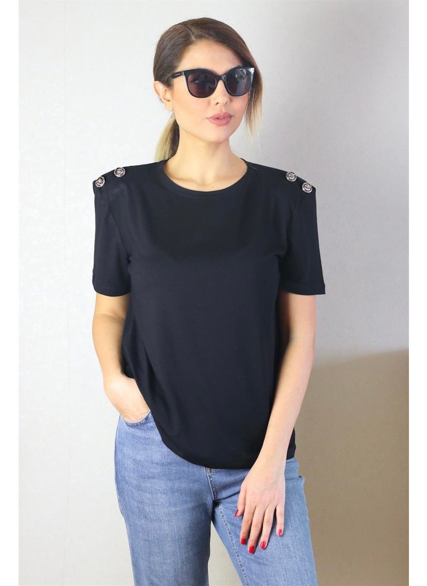 Women's Padded Shoulder Button Detailed Black T-Shirt