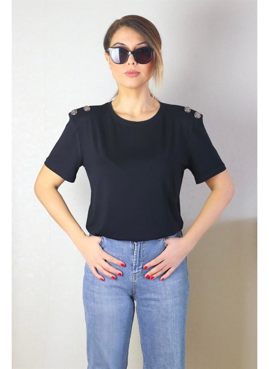 Women's Padded Shoulder Button Detailed Black T-Shirt