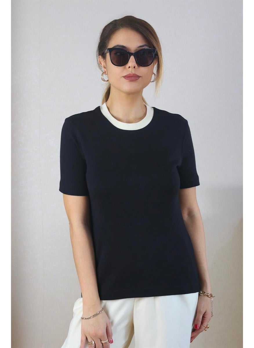 Women's Full Texture Collar Ribbed Black Ecru Double Color T-Shirt