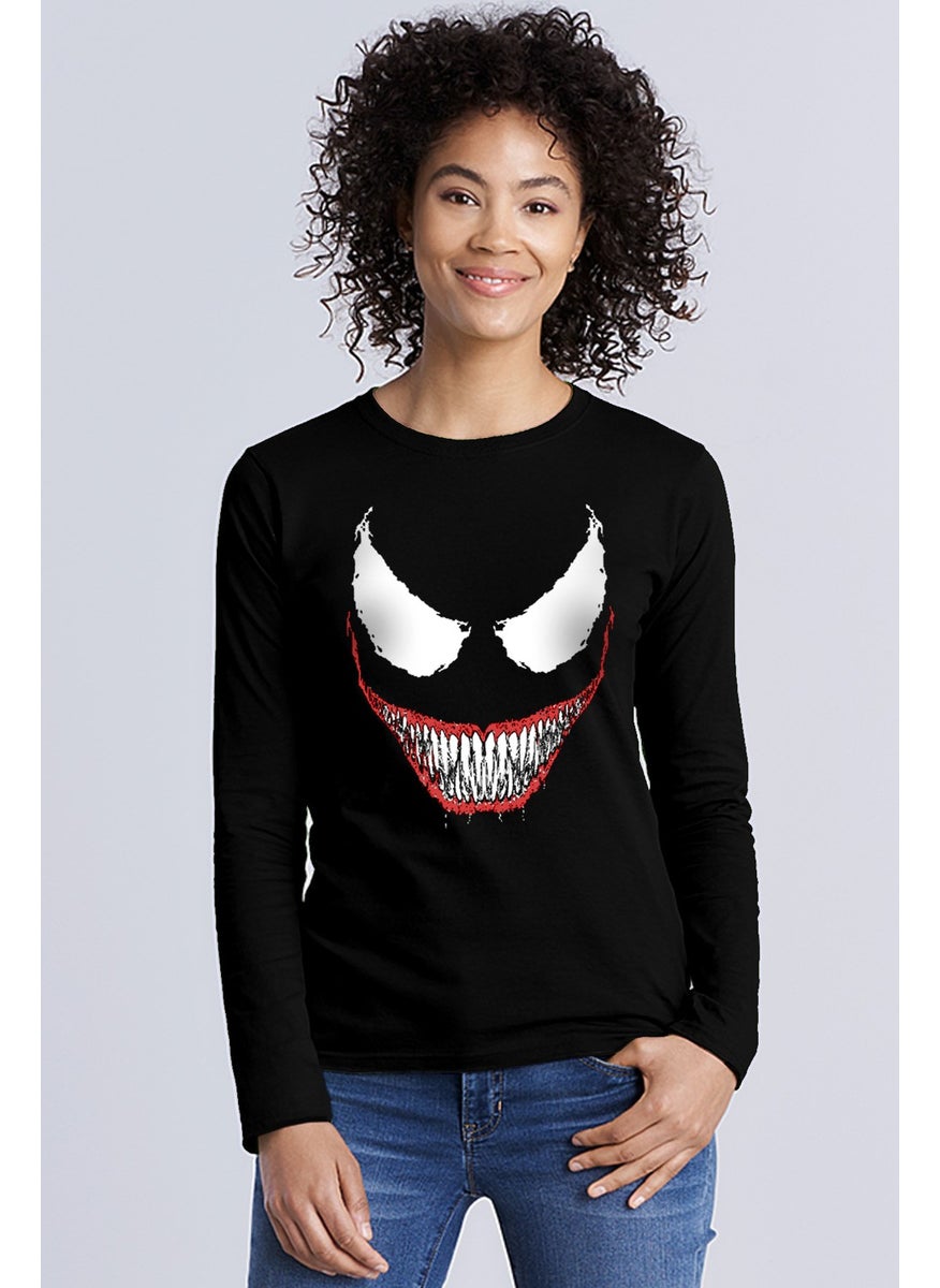 Rock & Roll Crocodile Teeth Crew Neck Black Long Sleeve Combed Cotton Women's T-Shirt