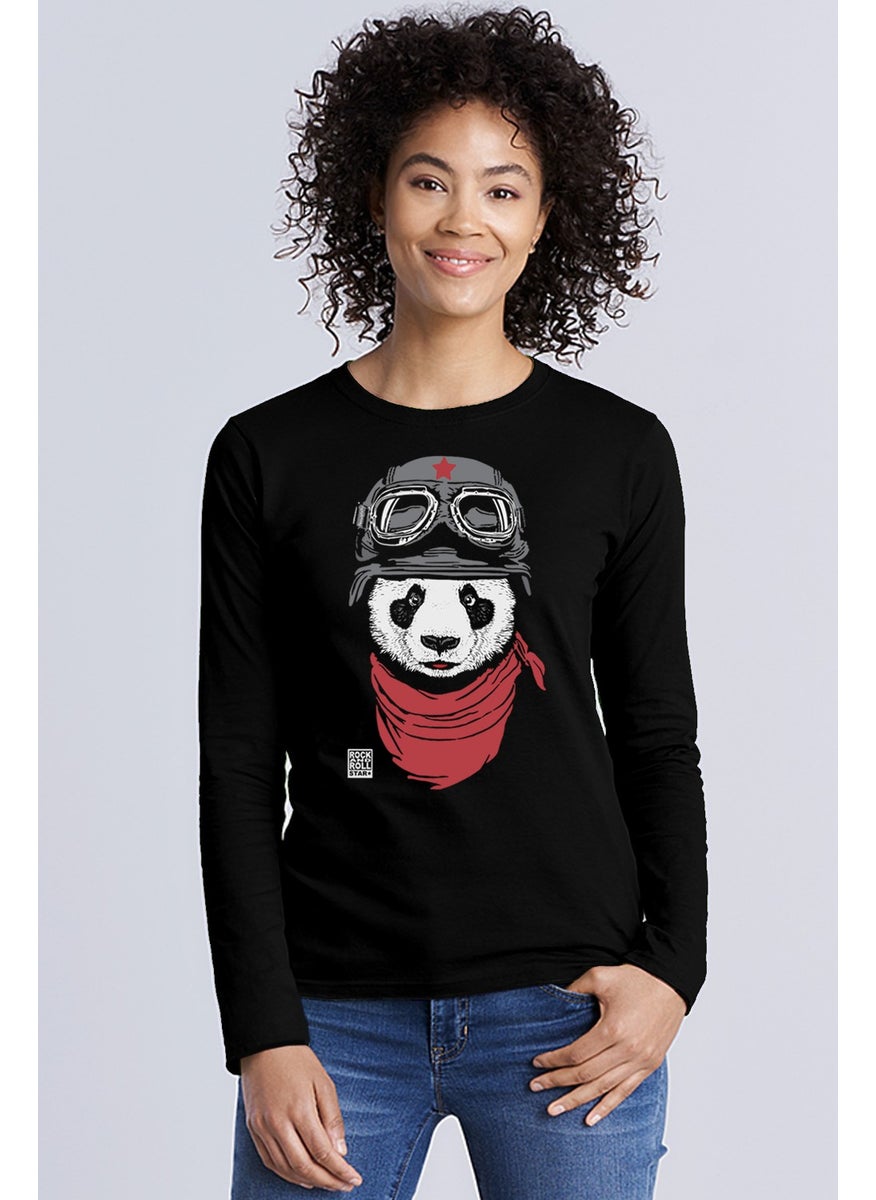 Rock & Roll Bandana Panda Crew Neck Black Long Sleeve Combed Cotton Women's T-Shirt