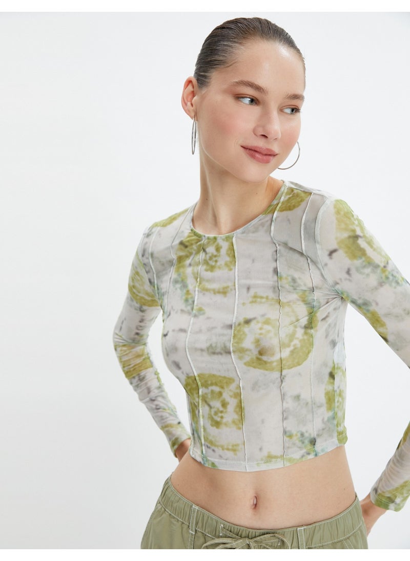 Batik Patterned Crop T-Shirt Long Sleeve Crew Neck with Stitching Detail