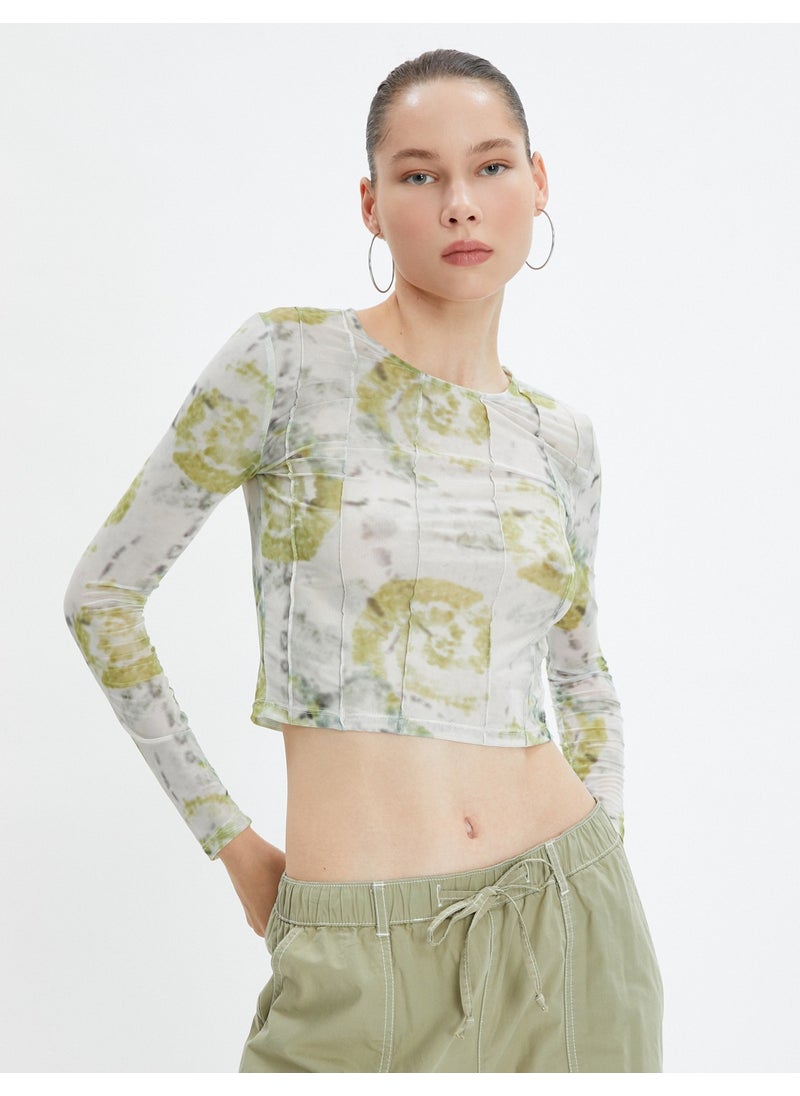 Batik Patterned Crop T-Shirt Long Sleeve Crew Neck with Stitching Detail