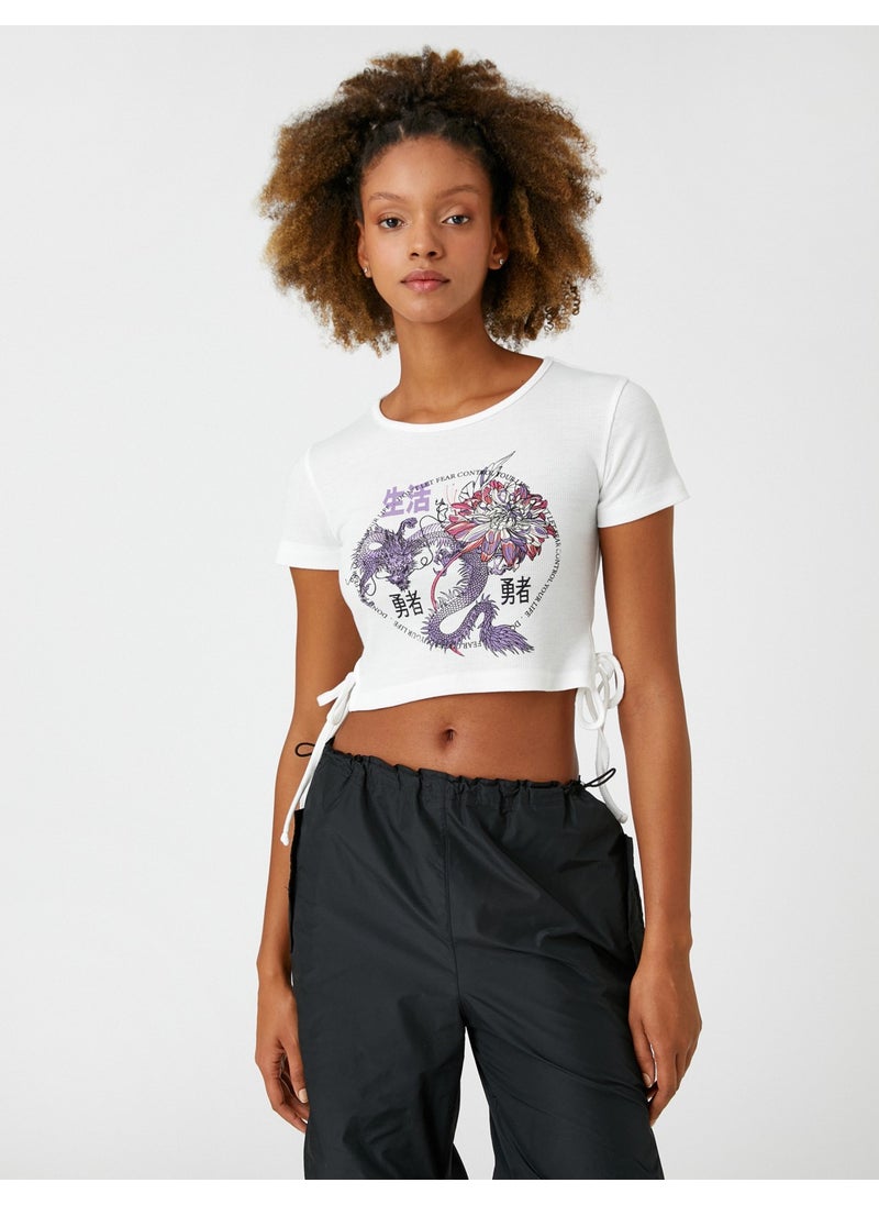 Crop T-Shirt Far East Printed Short Sleeve Tie Detail