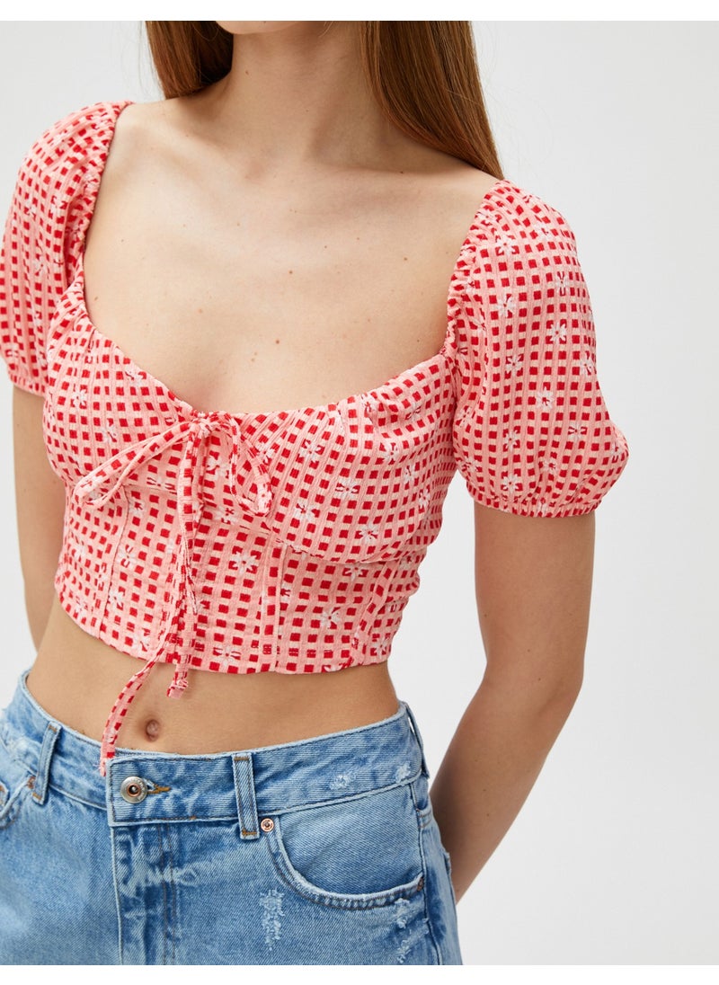 Crop T-Shirt with Floral Balloon Sleeves and Tie-Up Corset Detail