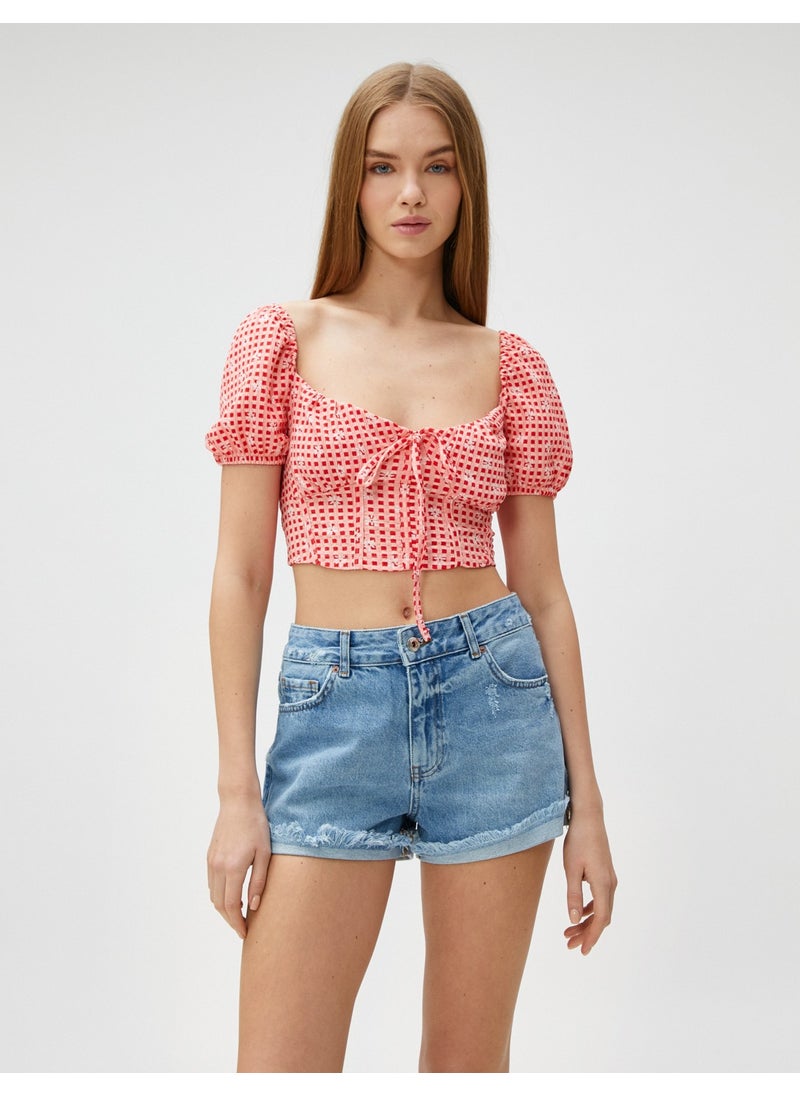 Crop T-Shirt with Floral Balloon Sleeves and Tie-Up Corset Detail