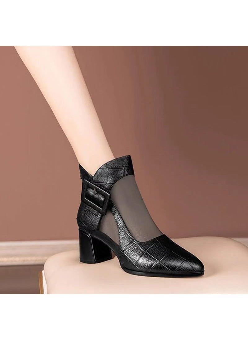 2024 Spring and Summer New Real Soft Leather Mesh Boots Womens Hollow Toe Sandals Chunky Heel Sandals Mesh Middle Heel Fashion Womens BootsBlack Black