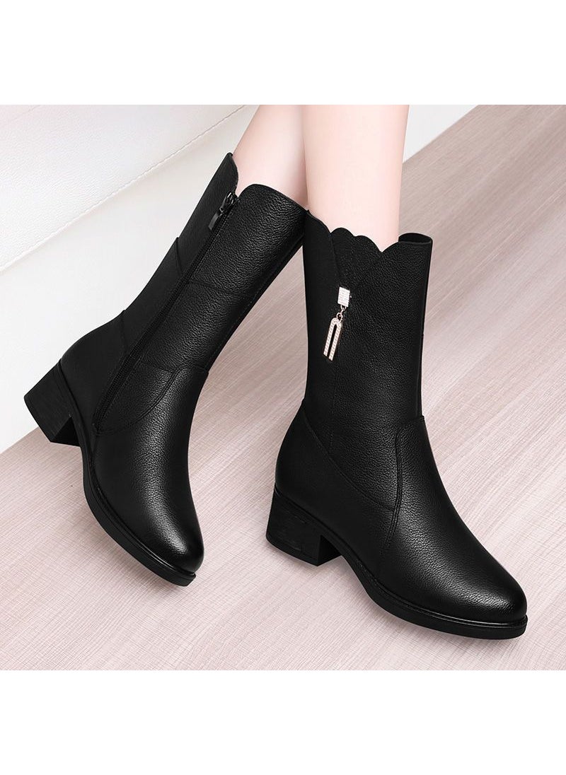 2023 Womens Mid-Calf Boots Autumn Winter Warm Martin BootsBlack with cotton Black with cotton