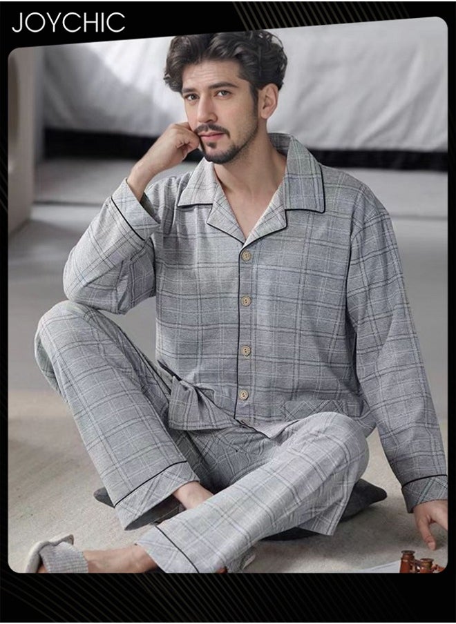 2-Piece of Simple Leisure Men Pajamas Set Spring and Autumn Pure Cotton Long-sleeved Loose Neckline Design Cardigan Winter Comfortable Bedroom Sleepwear Grey