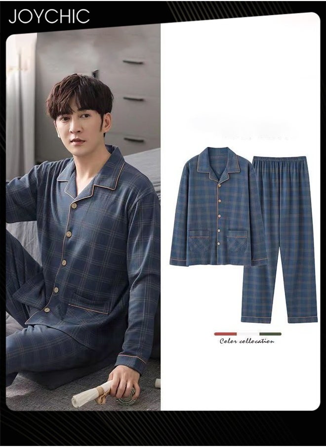 2-piece of Solid Color Lattice Men Lapel Pajamas Spring and Autumn Winter Pure Cotton Breathable Long-sleeved Homewear with Pockets Blue