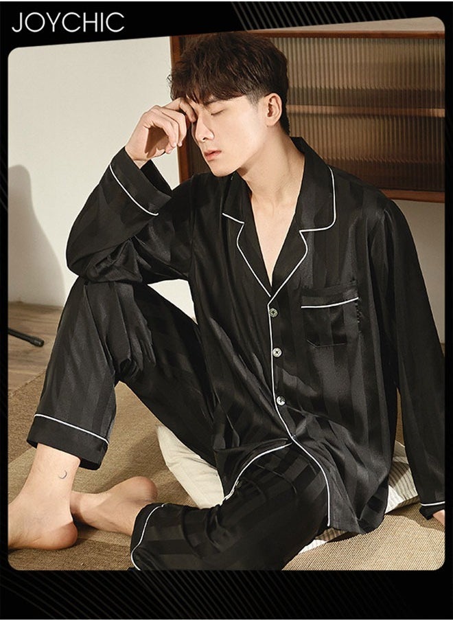 Solid Pattern Laple Pajamas for Men Spring and Autumn Long-sleeved and Trousers with High Stretch Ice Silk  Youth Comfortable Breathable  Home Sleepwear Loungewear Black