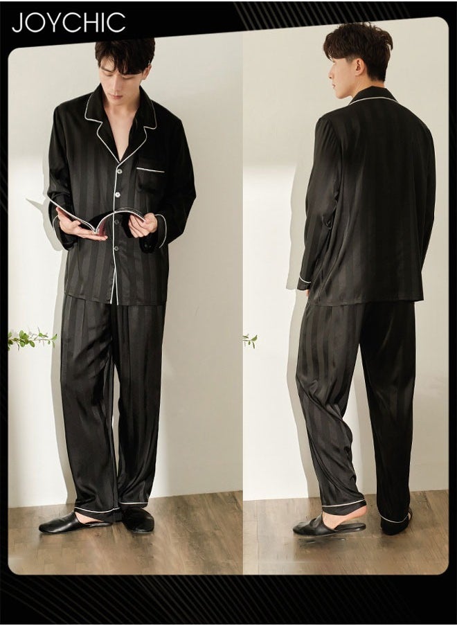 Solid Pattern Laple Pajamas for Men Spring and Autumn Long-sleeved and Trousers with High Stretch Ice Silk  Youth Comfortable Breathable  Home Sleepwear Loungewear Black