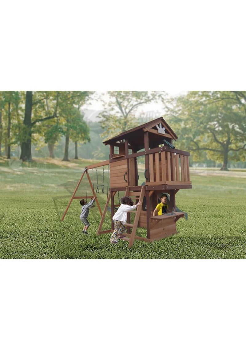 Elevate Playtime with the Elbrus Swing Set & Playhouse, Wooden Roof, Long Lasting, Weather-resistant Materials, 3 Years+, 455 x 347 x 277 cm - Brown