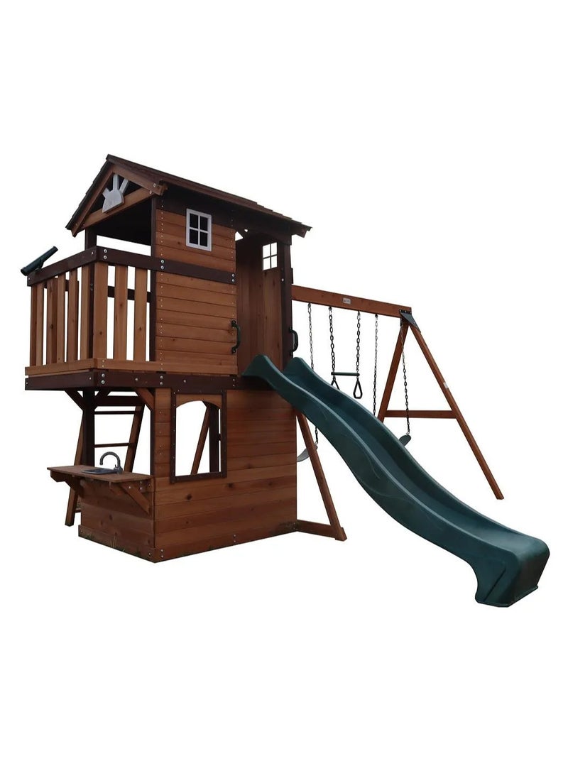 Elevate Playtime with the Elbrus Swing Set & Playhouse, Wooden Roof, Long Lasting, Weather-resistant Materials, 3 Years+, 455 x 347 x 277 cm - Brown