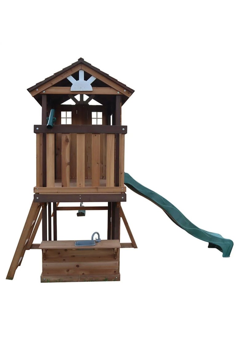 Elevate Playtime with the Elbrus Swing Set & Playhouse, Wooden Roof, Long Lasting, Weather-resistant Materials, 3 Years+, 455 x 347 x 277 cm - Brown