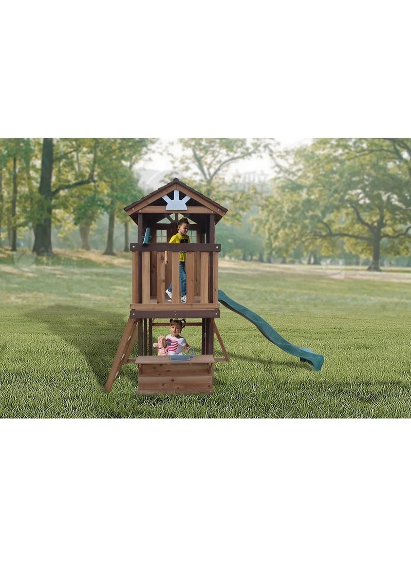 Elevate Playtime with the Elbrus Swing Set & Playhouse, Wooden Roof, Long Lasting, Weather-resistant Materials, 3 Years+, 455 x 347 x 277 cm - Brown