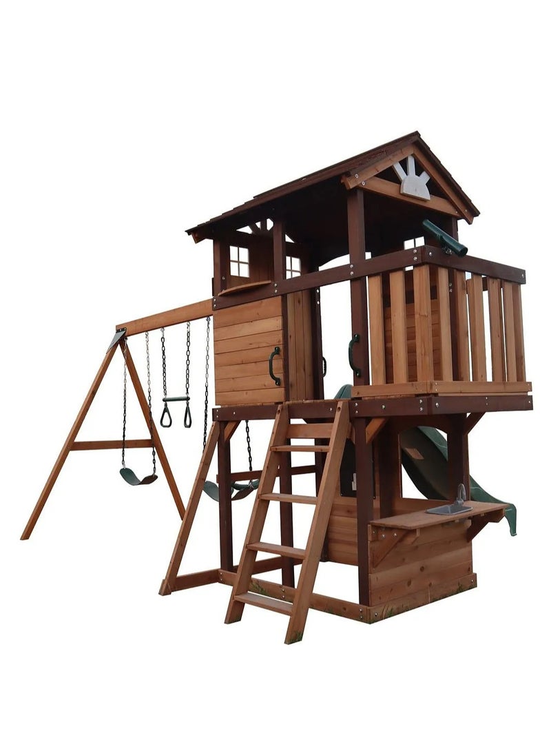 Elevate Playtime with the Elbrus Swing Set & Playhouse, Wooden Roof, Long Lasting, Weather-resistant Materials, 3 Years+, 455 x 347 x 277 cm - Brown