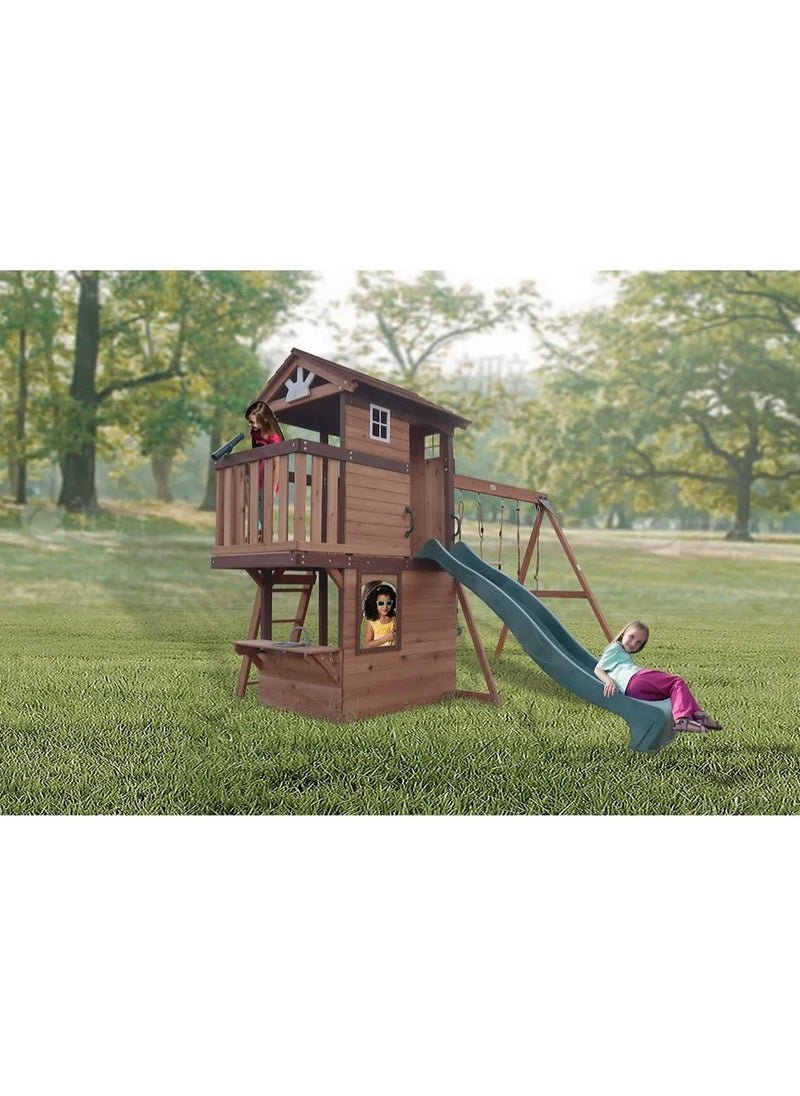 Elevate Playtime with the Elbrus Swing Set & Playhouse, Wooden Roof, Long Lasting, Weather-resistant Materials, 3 Years+, 455 x 347 x 277 cm - Brown