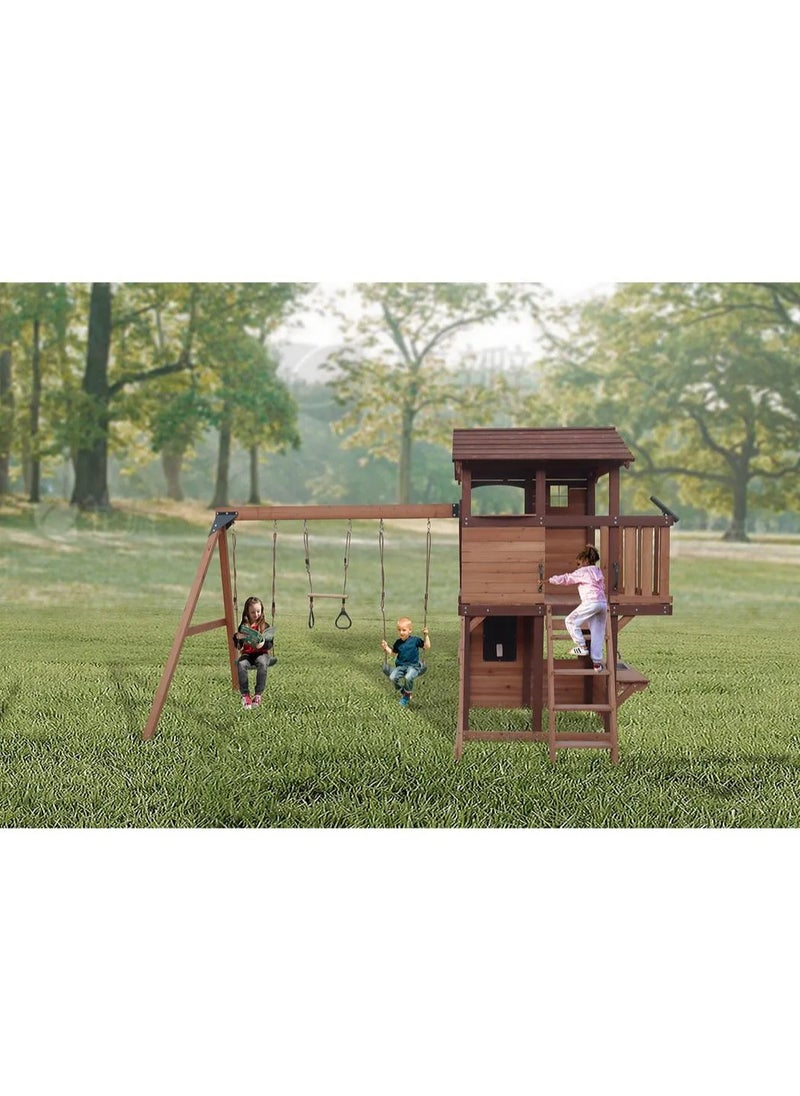 Elevate Playtime with the Elbrus Swing Set & Playhouse, Wooden Roof, Long Lasting, Weather-resistant Materials, 3 Years+, 455 x 347 x 277 cm - Brown