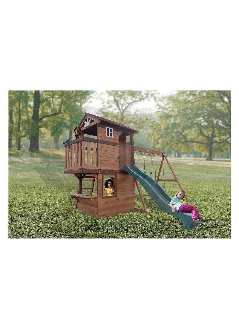 Elevate Playtime with the Elbrus Swing Set & Playhouse, Wooden Roof, Long Lasting, Weather-resistant Materials, 3 Years+, 455 x 347 x 277 cm - Brown