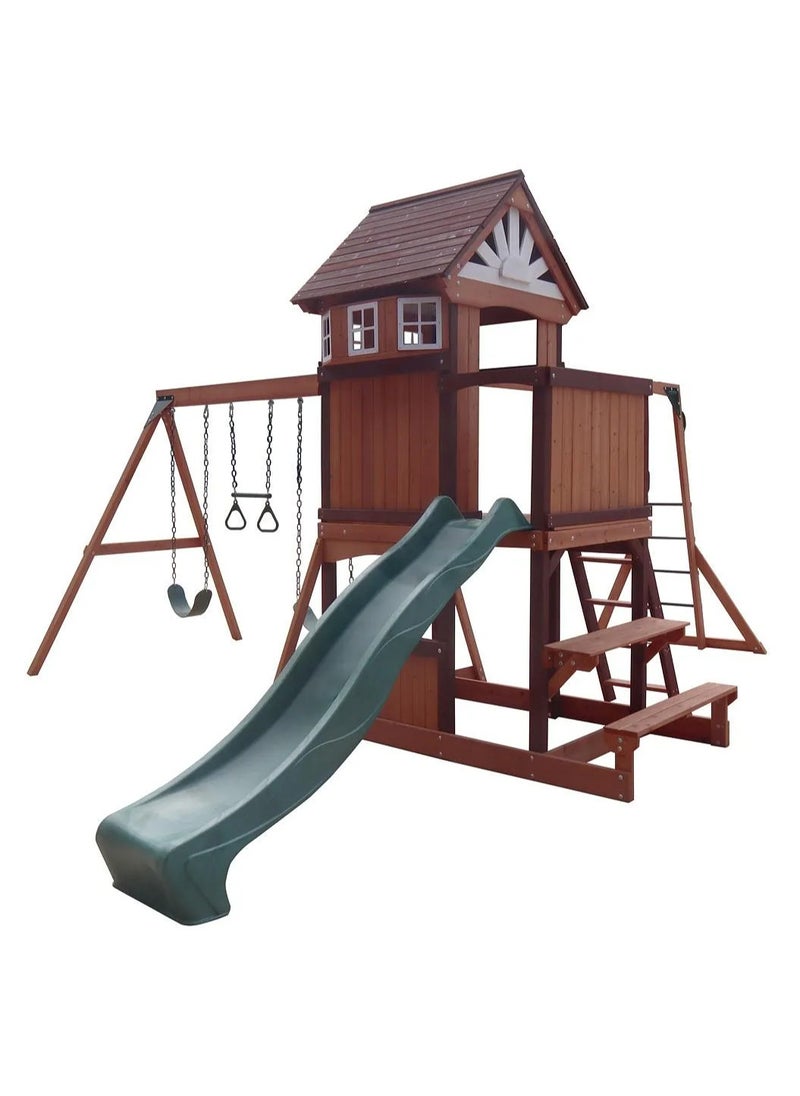 Explore the Vinson Massif Swing Set & Playhouse with Wooden Roof, Long Lasting, Weather-resistant Materials, 3 Years+, 485 x 531 x 303 cm - Brown