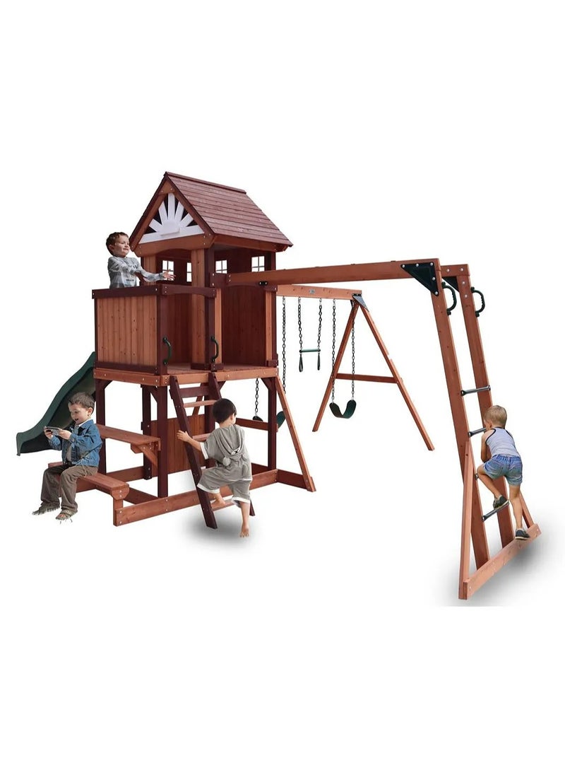 Explore the Vinson Massif Swing Set & Playhouse with Wooden Roof, Long Lasting, Weather-resistant Materials, 3 Years+, 485 x 531 x 303 cm - Brown