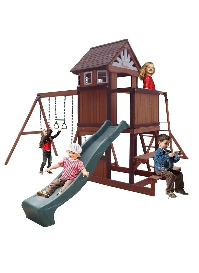 Explore the Vinson Massif Swing Set & Playhouse with Wooden Roof, Long Lasting, Weather-resistant Materials, 3 Years+, 485 x 531 x 303 cm - Brown