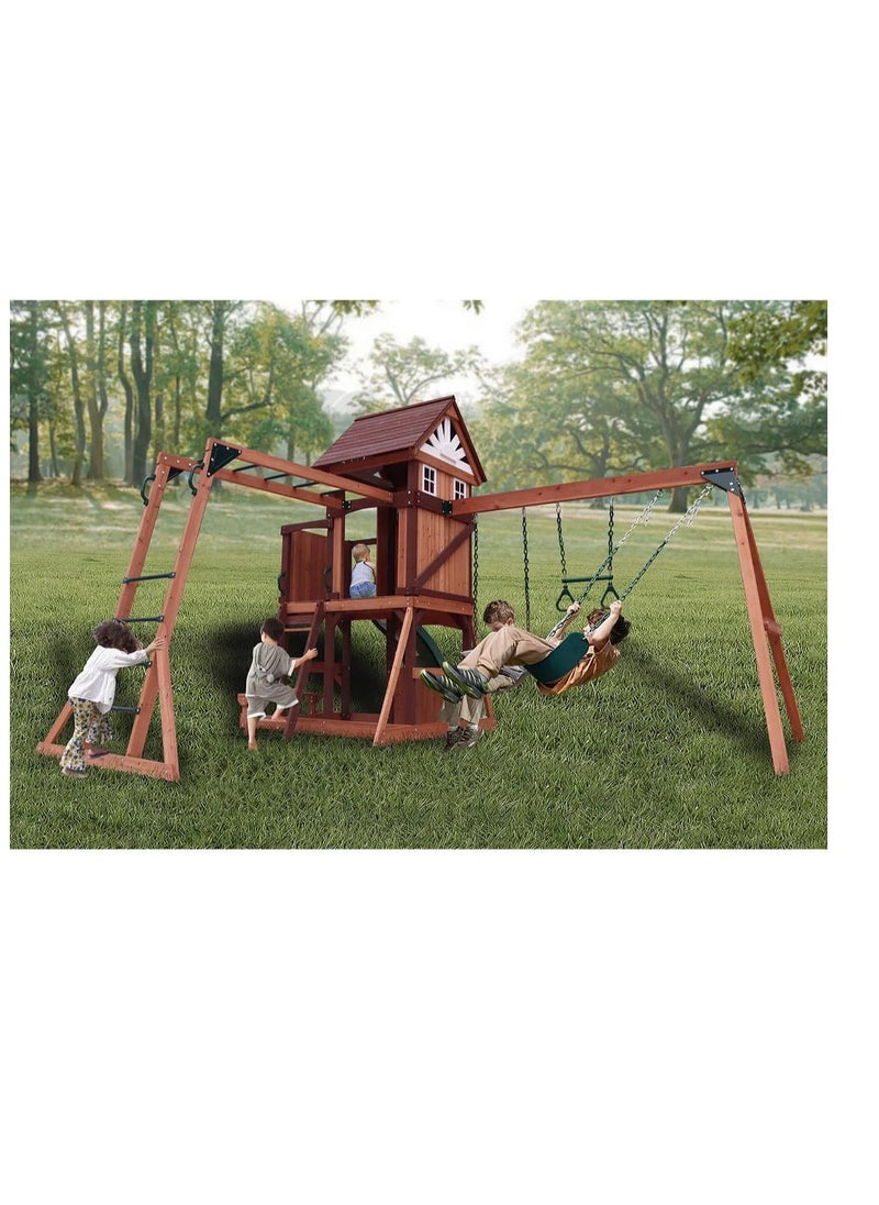 Explore the Vinson Massif Swing Set & Playhouse with Wooden Roof, Long Lasting, Weather-resistant Materials, 3 Years+, 485 x 531 x 303 cm - Brown