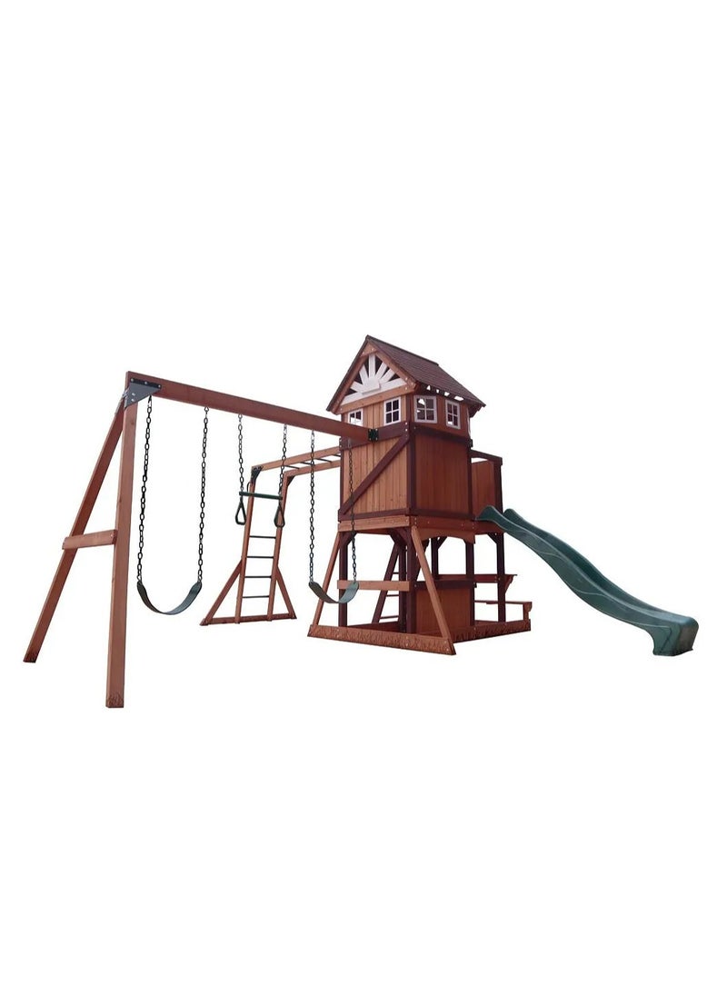 Explore the Vinson Massif Swing Set & Playhouse with Wooden Roof, Long Lasting, Weather-resistant Materials, 3 Years+, 485 x 531 x 303 cm - Brown