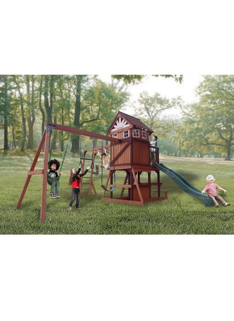 Explore the Vinson Massif Swing Set & Playhouse with Wooden Roof, Long Lasting, Weather-resistant Materials, 3 Years+, 485 x 531 x 303 cm - Brown