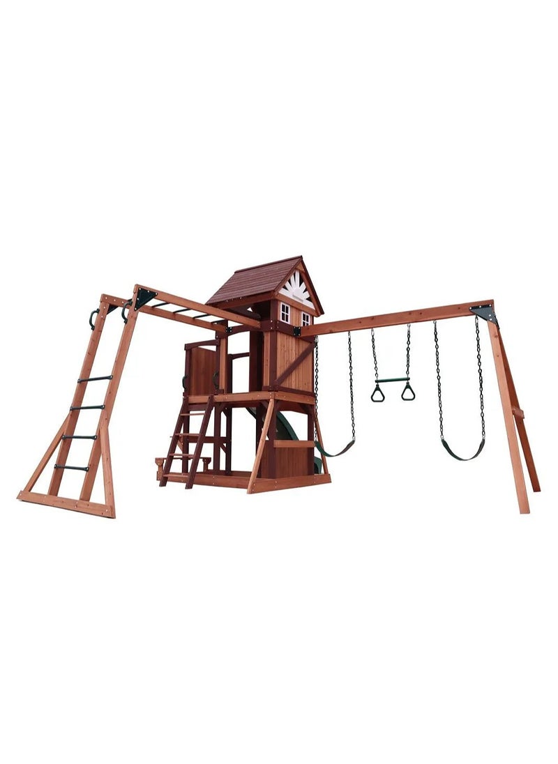 Explore the Vinson Massif Swing Set & Playhouse with Wooden Roof, Long Lasting, Weather-resistant Materials, 3 Years+, 485 x 531 x 303 cm - Brown