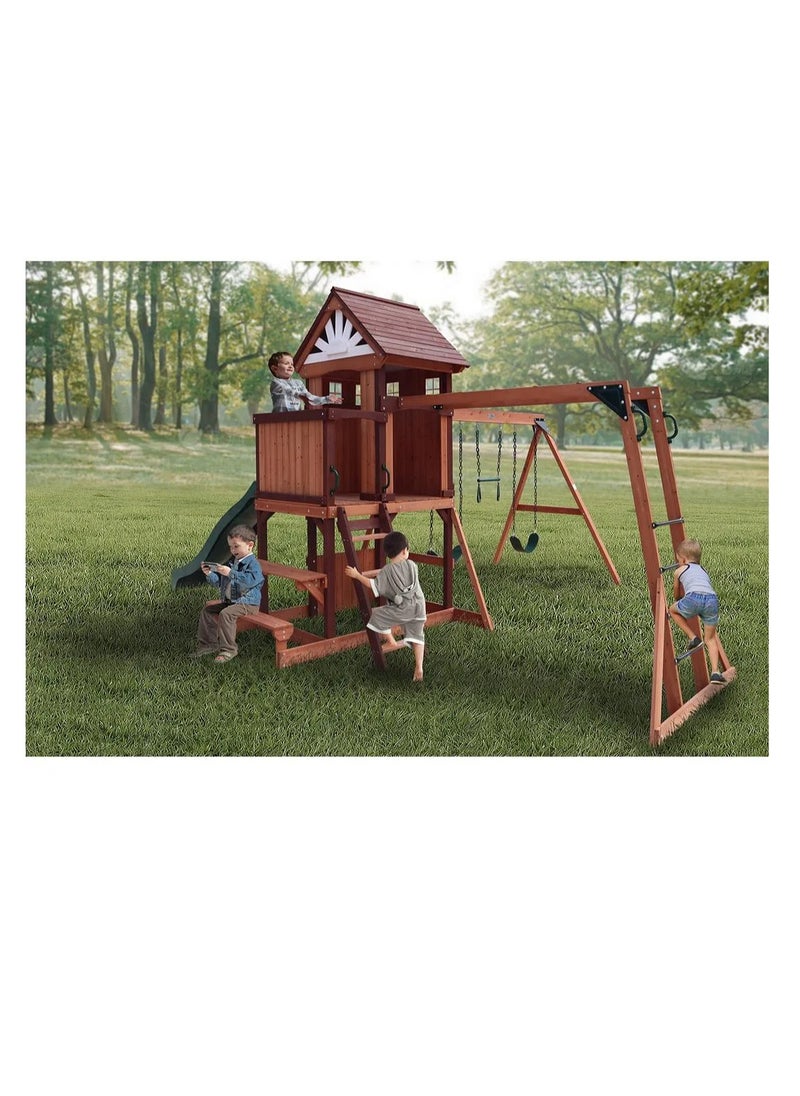 Explore the Vinson Massif Swing Set & Playhouse with Wooden Roof, Long Lasting, Weather-resistant Materials, 3 Years+, 485 x 531 x 303 cm - Brown