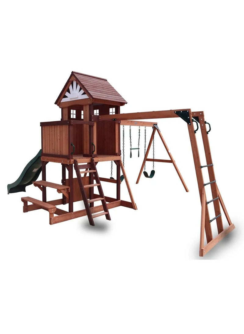 Explore the Vinson Massif Swing Set & Playhouse with Wooden Roof, Long Lasting, Weather-resistant Materials, 3 Years+, 485 x 531 x 303 cm - Brown