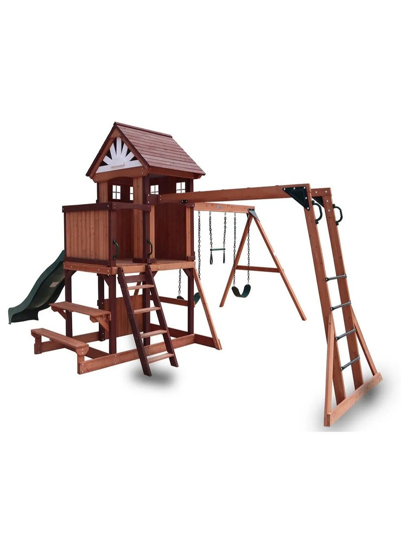 Explore the Vinson Massif Swing Set & Playhouse with Wooden Roof, Long Lasting, Weather-resistant Materials, 3 Years+, 485 x 531 x 303 cm - Brown