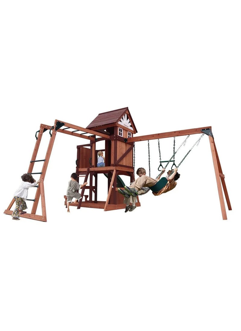 Explore the Vinson Massif Swing Set & Playhouse with Wooden Roof, Long Lasting, Weather-resistant Materials, 3 Years+, 485 x 531 x 303 cm - Brown